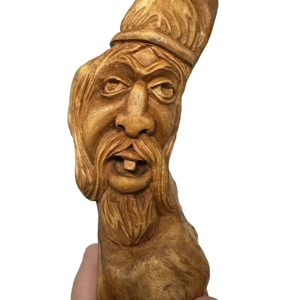 Hand Carved Wood Spirit Wizard Candlestick Holder Folk Art Whimsical Bearded Man
